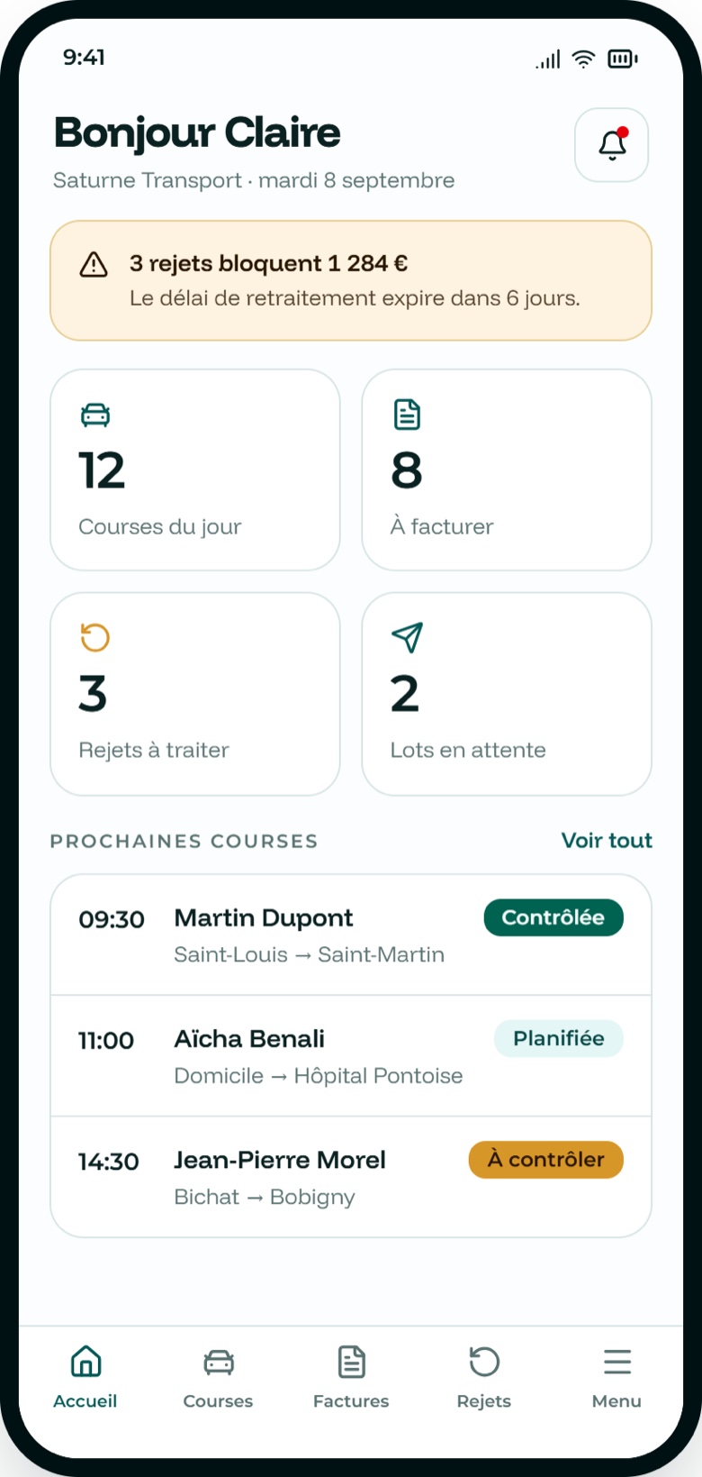 Accueil de l'application mobile Saturne Pro : les rejets qui bloquent un montant, les courses du jour, les factures à établir et les prochaines courses.